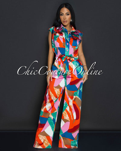 Kenji Red Color Block Cargo Silk Jumpsuit