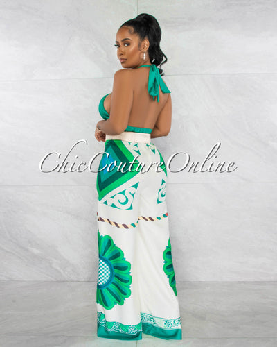 *Vonna Green Crop Top & Boho Buckle Belt Printed Pants Set