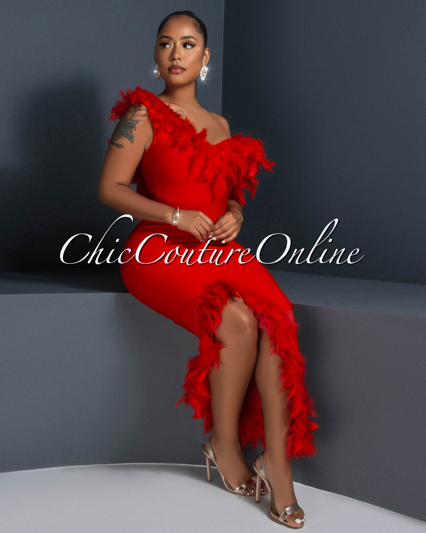 Maverick Red Feather Accent Bandage Midi Dress