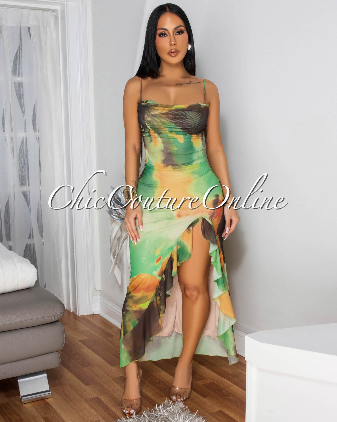 Tiff Green Multi-Color Print Slit Maxi Dress