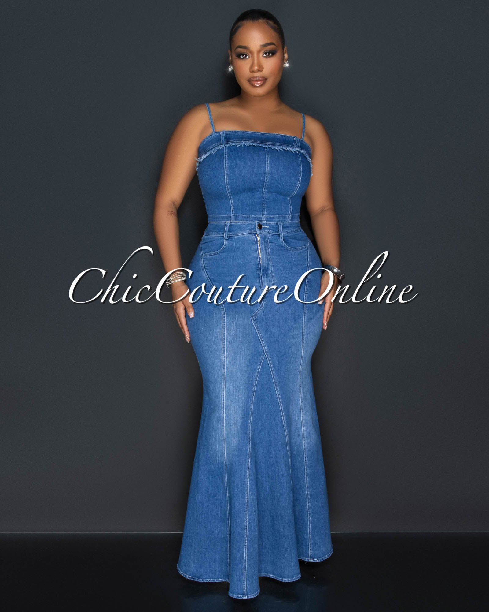 Kenneth Medium Denim Crop Top & Maxi Skirt Set