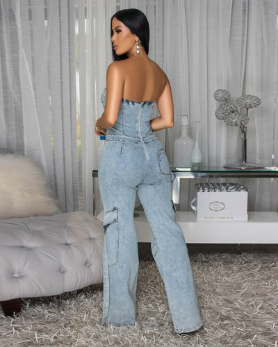 Orena Stone Acid Wash Denim Strapless Cargo Jumpsuit