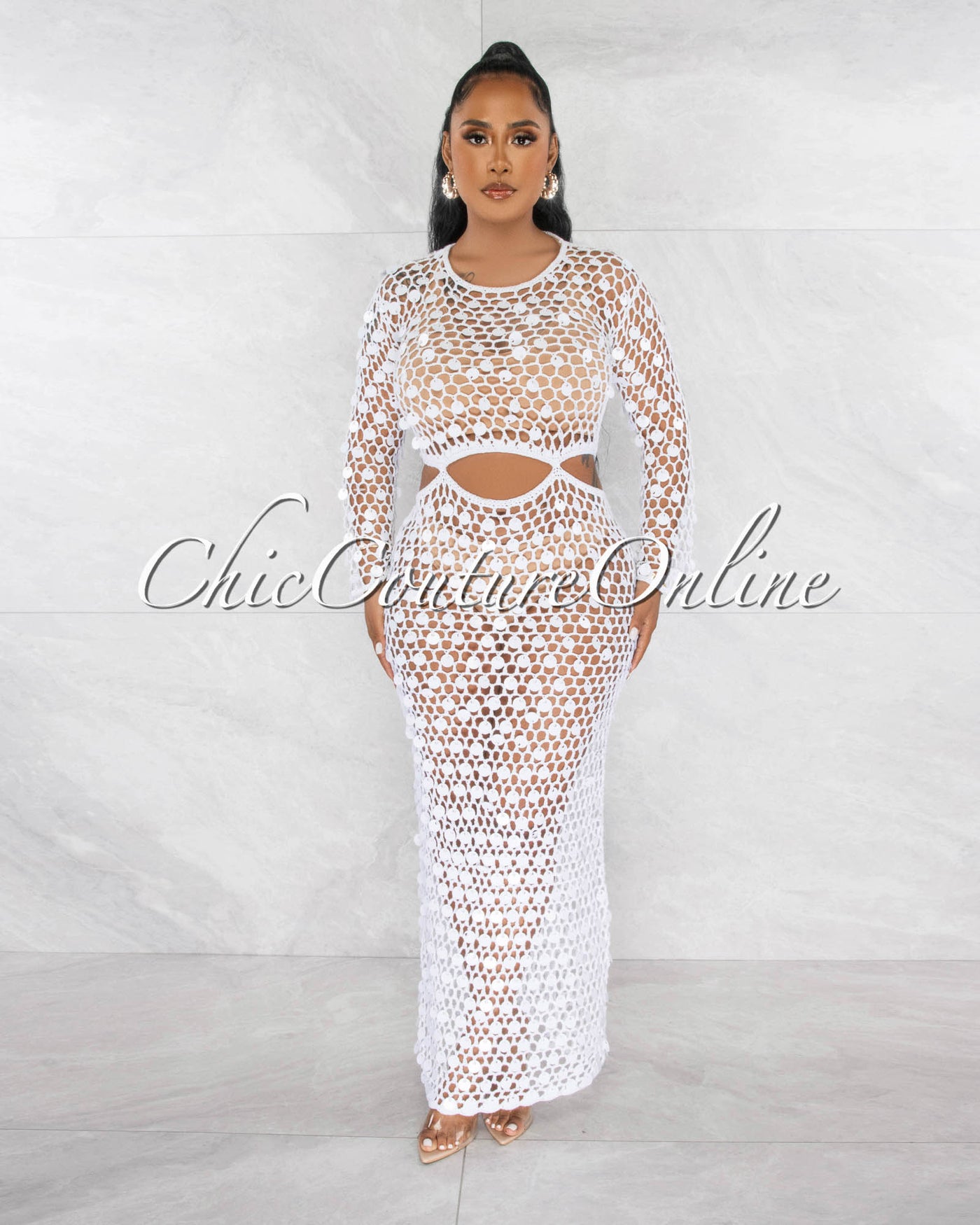 *Candie Off-White Sequins Crochet Cover-Up Cut-Out Maxi Dress