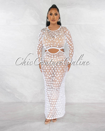 *Candie Off-White Sequins Crochet Cover-Up Cut-Out Maxi Dress