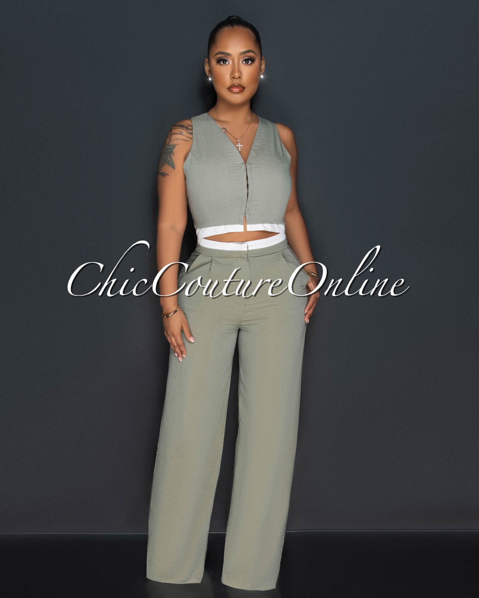 *Everly Olive Green White Trim Top & Wide Pants Set