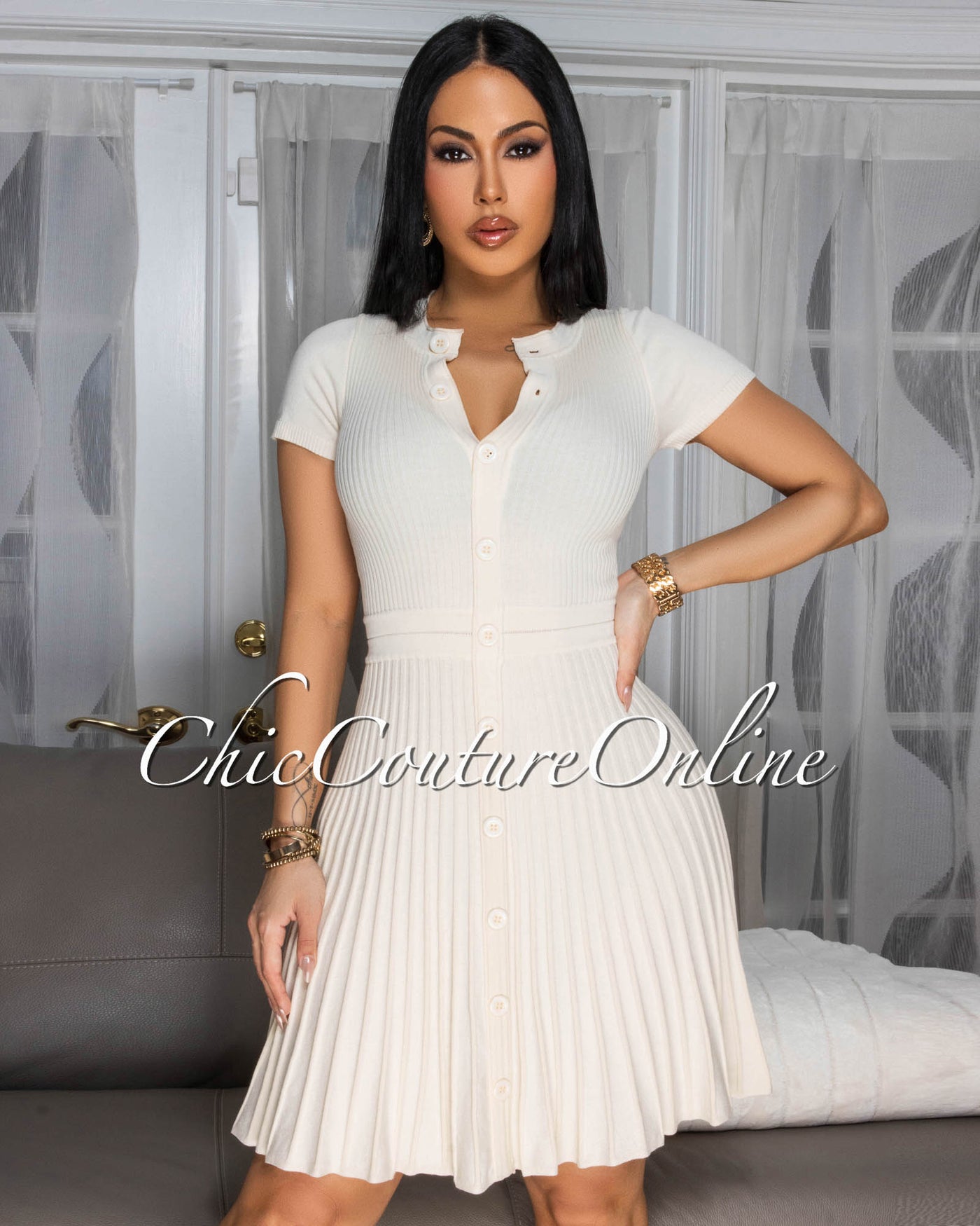 Kiki Cream Ribbed Knit Dress