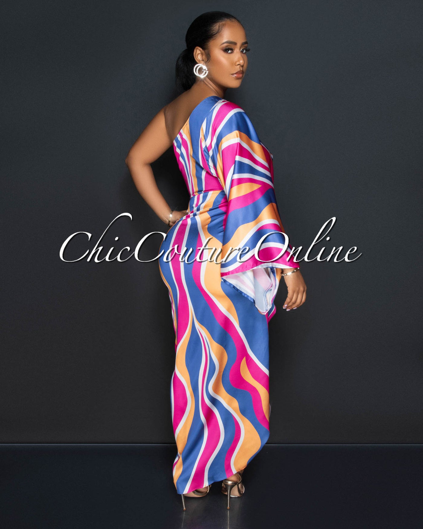 Elida Purple Fuchsia Print Single Shoulder Maxi Dress