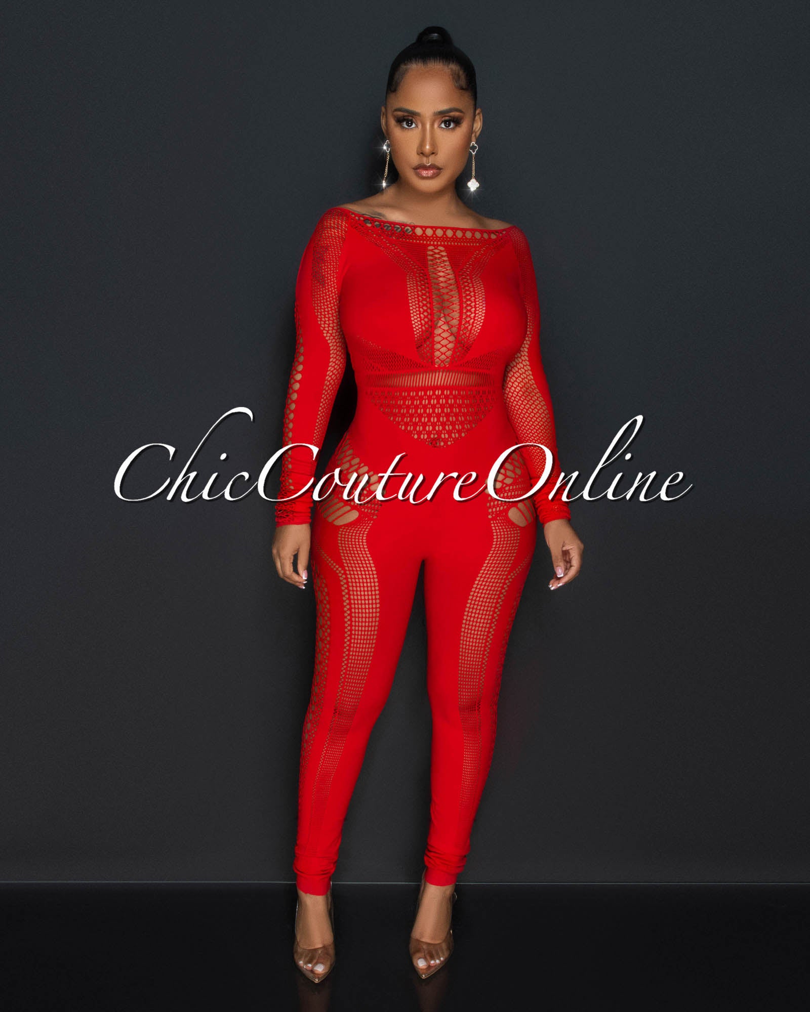 *Duarte Red BodyCon Sheer Perforated Jumpsuit