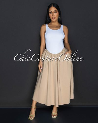 Silvy White Nude Sleeveless Midi Dress