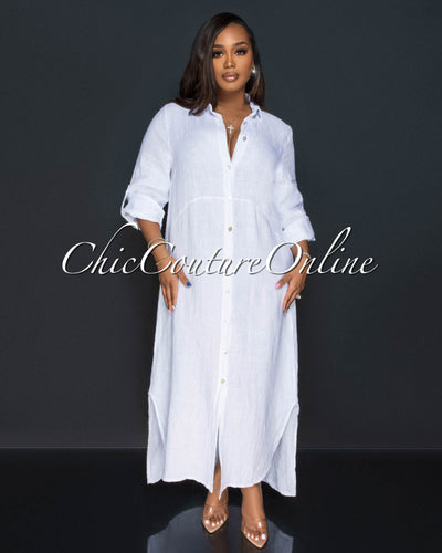 Daleah Off-White Front Buttons LINEN Maxi Dress