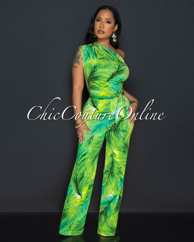 Monique Green Palm Print Single Shoulder Jumpsuit