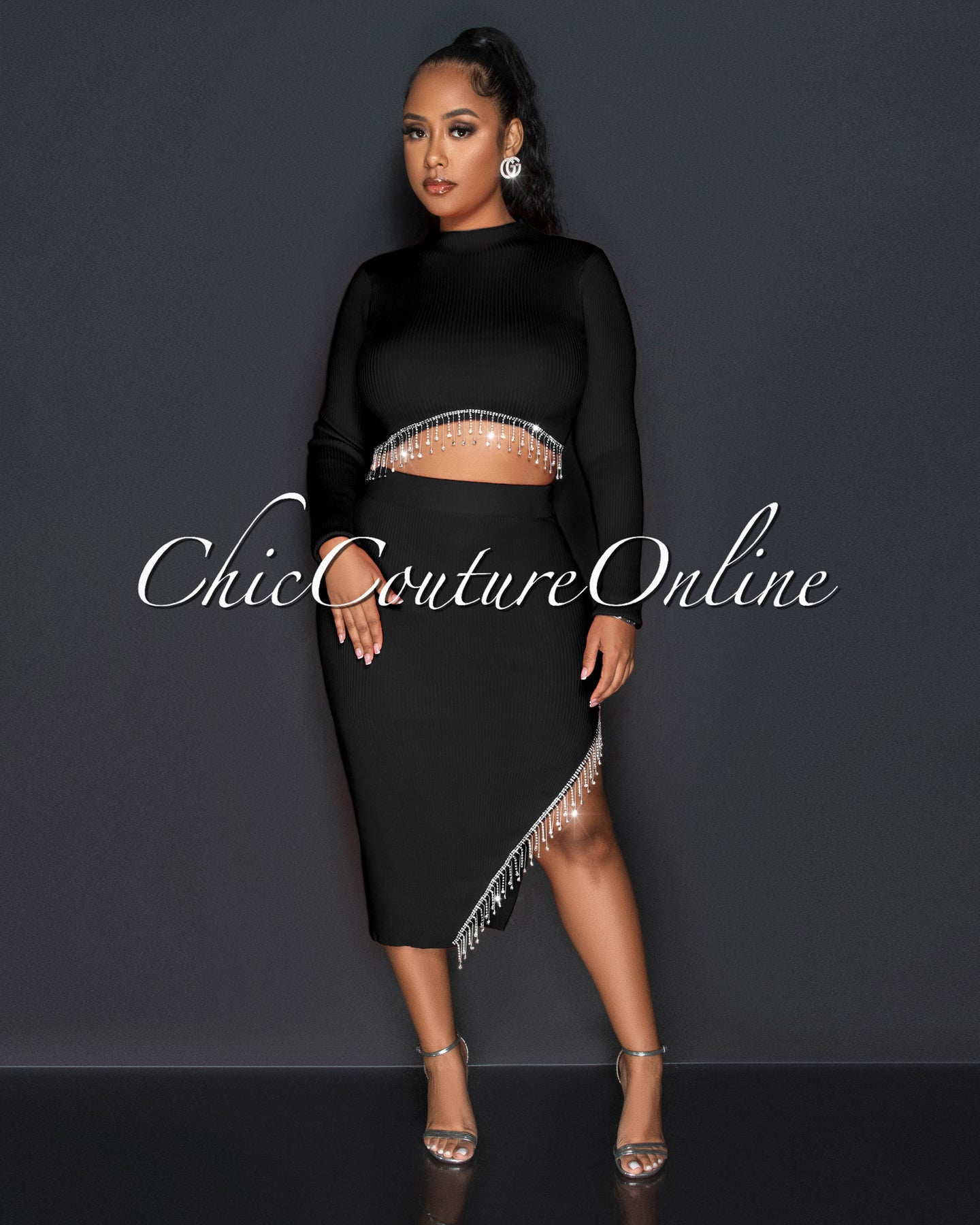 *Nala Black Crop Top & Midi Skirt Rhinestones Fringe Set