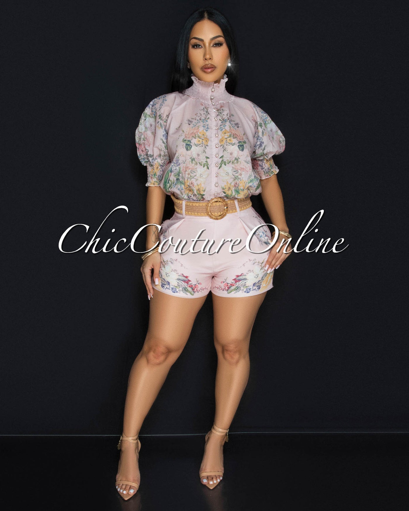 Loxana Blush Floral Print Top & Belted Shorts Set