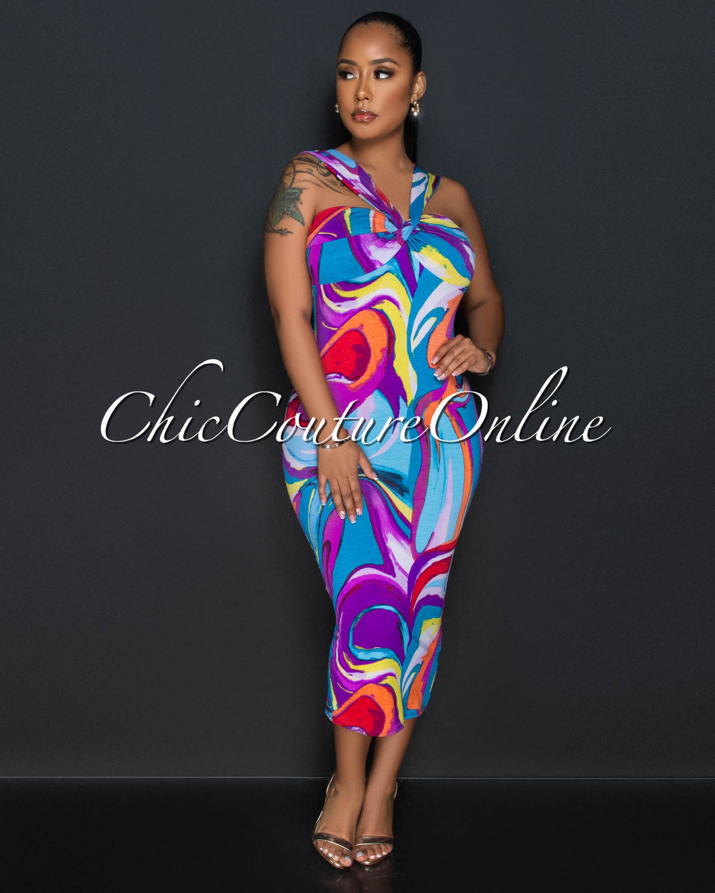 Lynne Purple Multi-Color Print Midi Dress