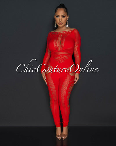 Duarte Red BodyCon Sheer Perforated Jumpsuit