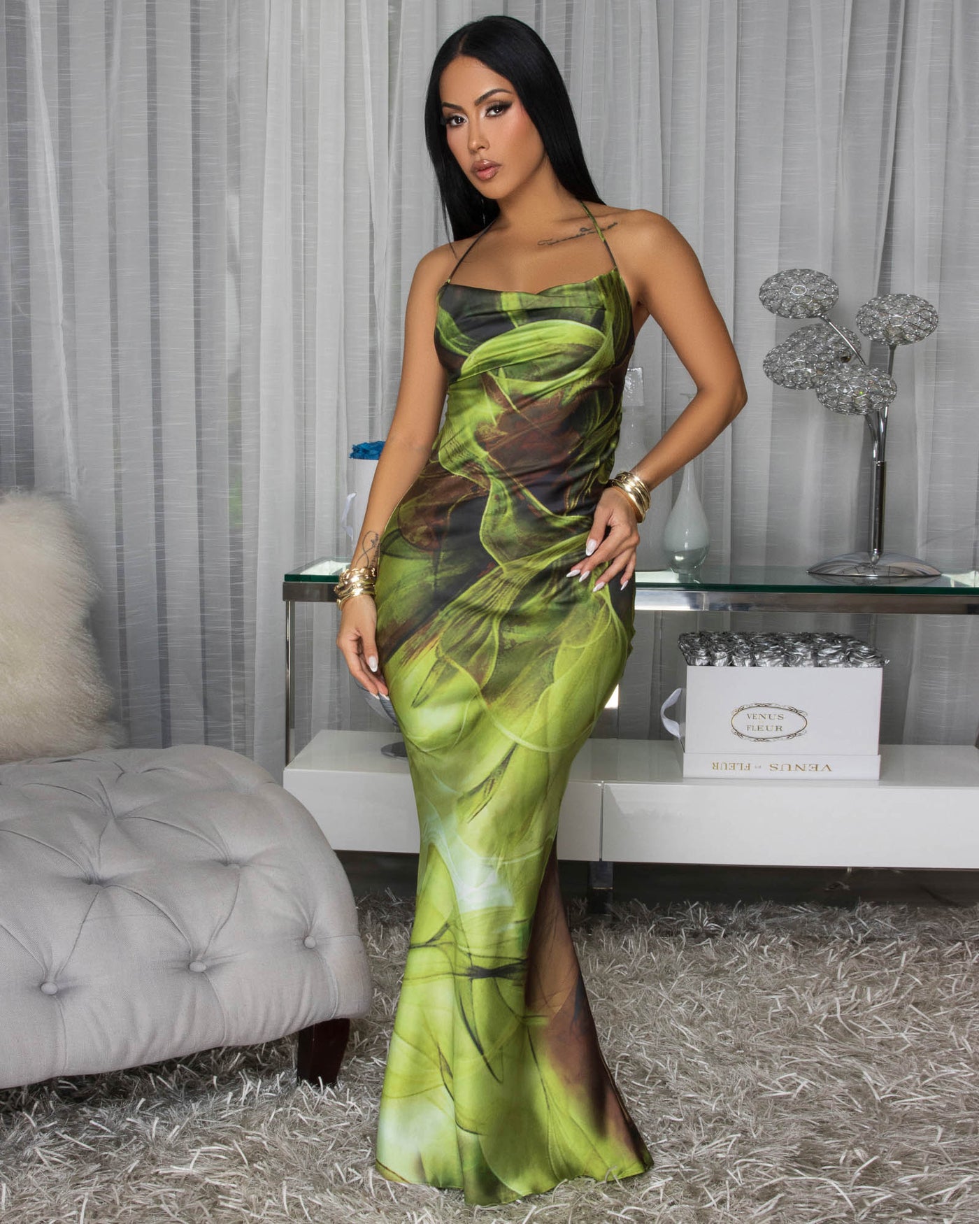 Fiona Olive Multi-Color Draped Halter Maxi Dress
