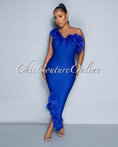 Maverick Royal Blue Feather Accent Bandage Midi Dress