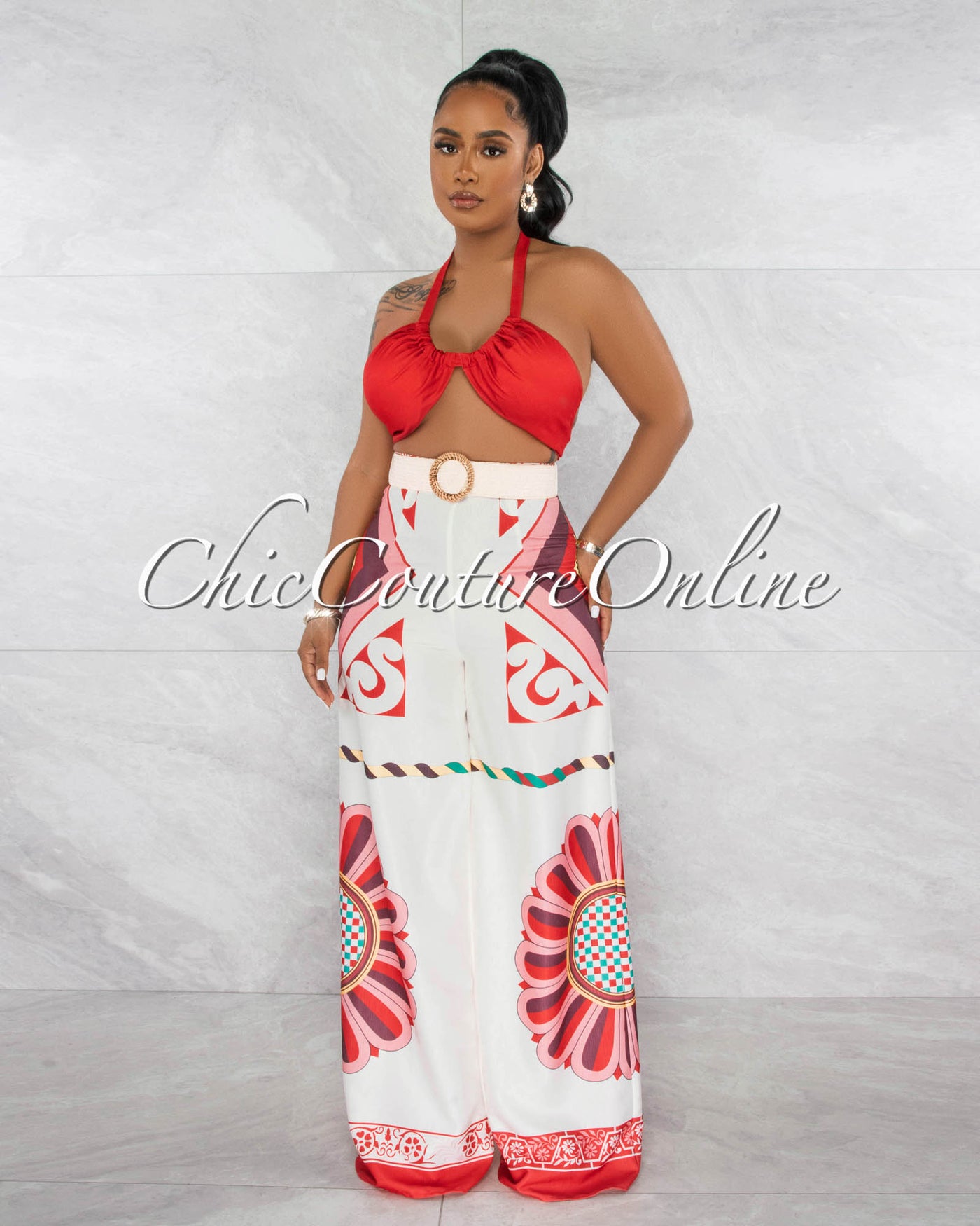 *Vonna Orange Crop Top & Boho Buckle Belt Printed Pants Set