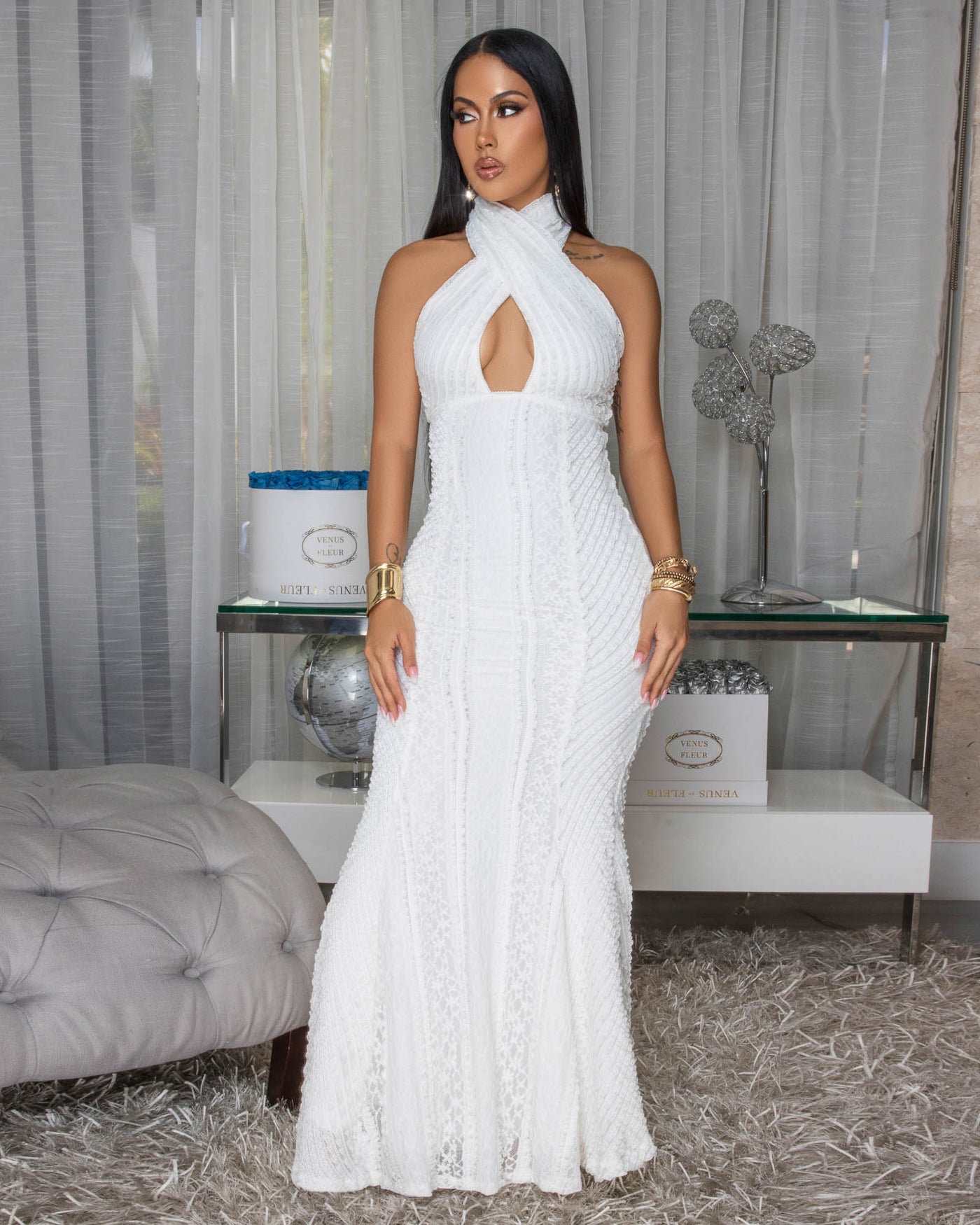 Penny White Peep-Hole Bust Maxi Dress