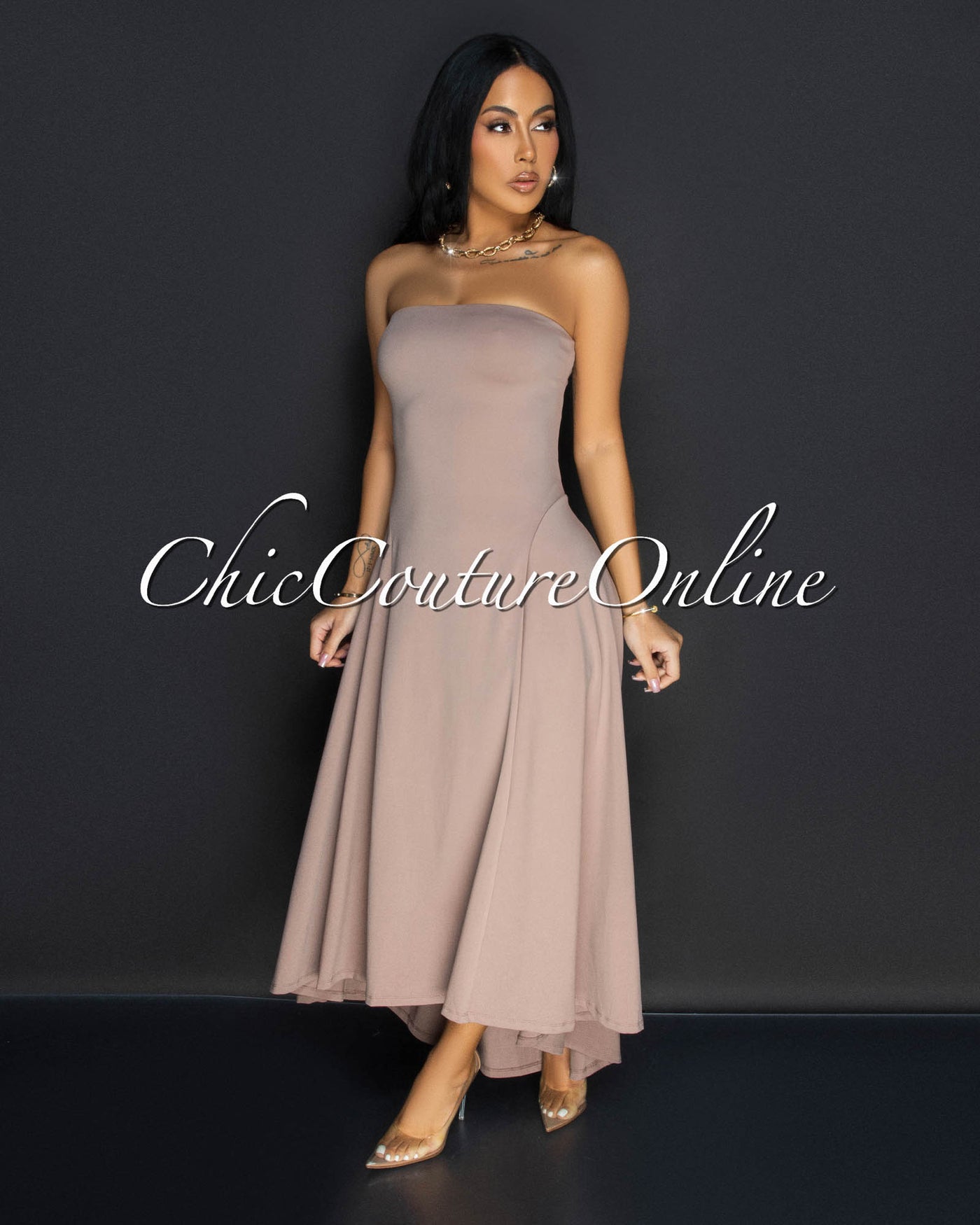 Isolde Taupe Strapless Hi Lo Dress