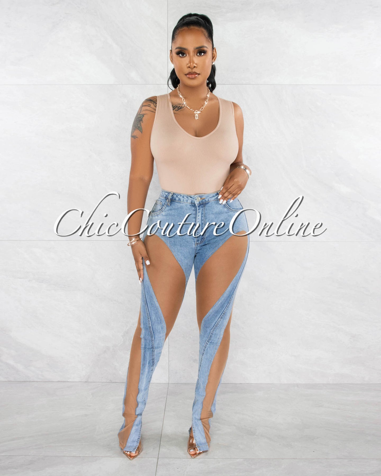 Porsha Light Denim Nude Sheer Accent High Ankle Slit Jeans
