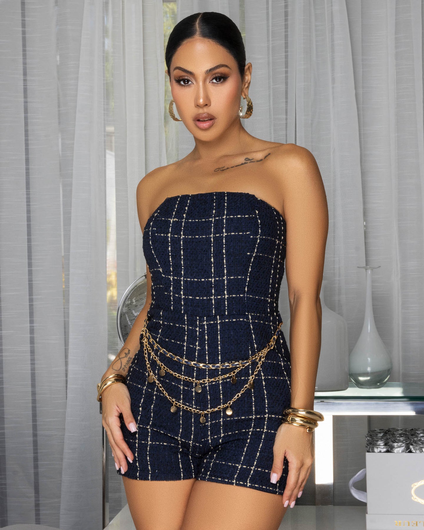 Nestelle Navy Gold Chain Tweed Romper & Jacket Set