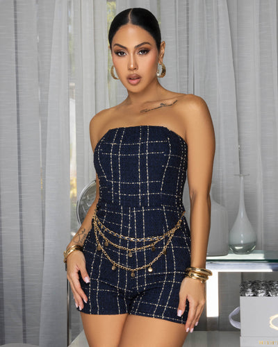 Nestelle Navy Gold Chain Tweed Romper & Jacket Set
