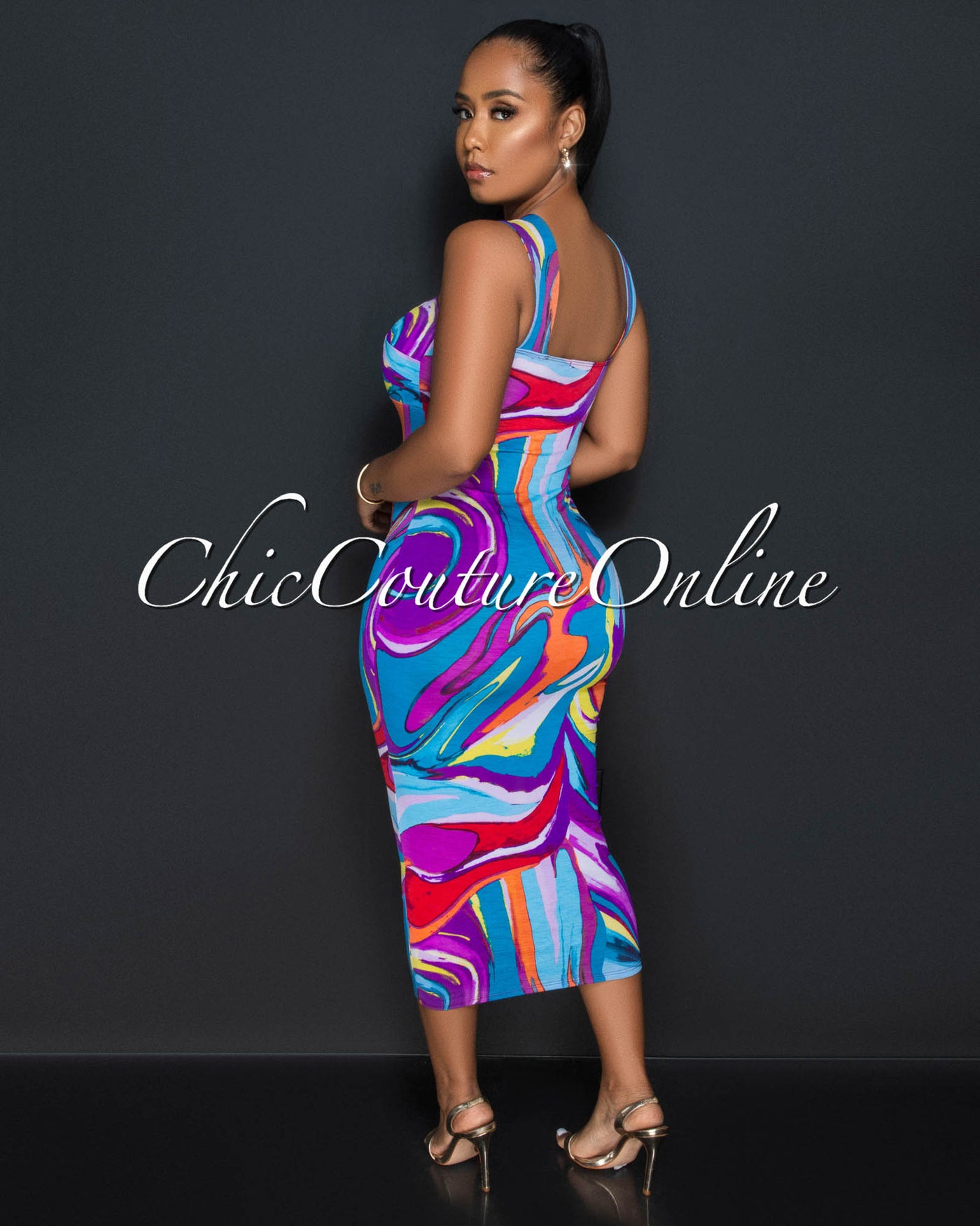 Lynne Purple Multi-Color Print Midi Dress