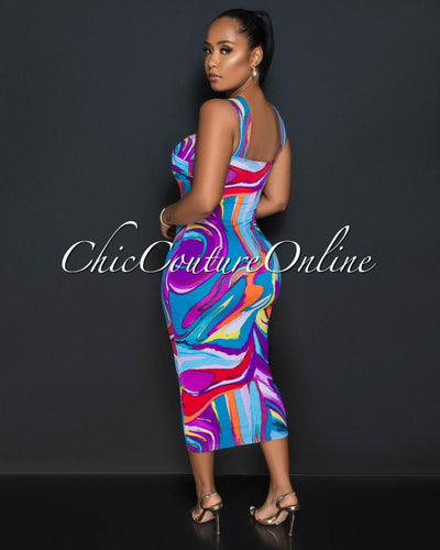 Lynne Purple Multi-Color Print Midi Dress