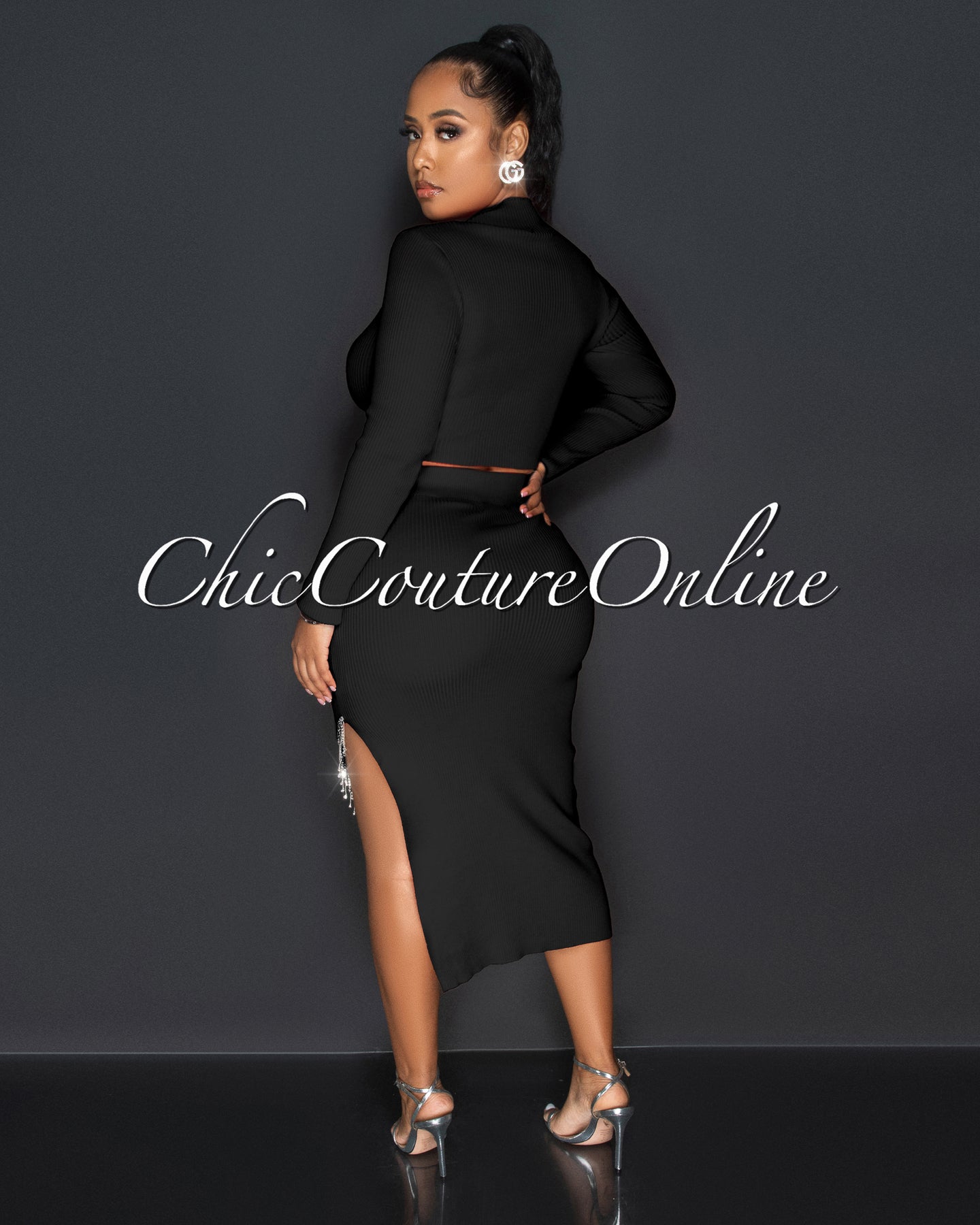 *Nala Black Crop Top & Midi Skirt Rhinestones Fringe Set