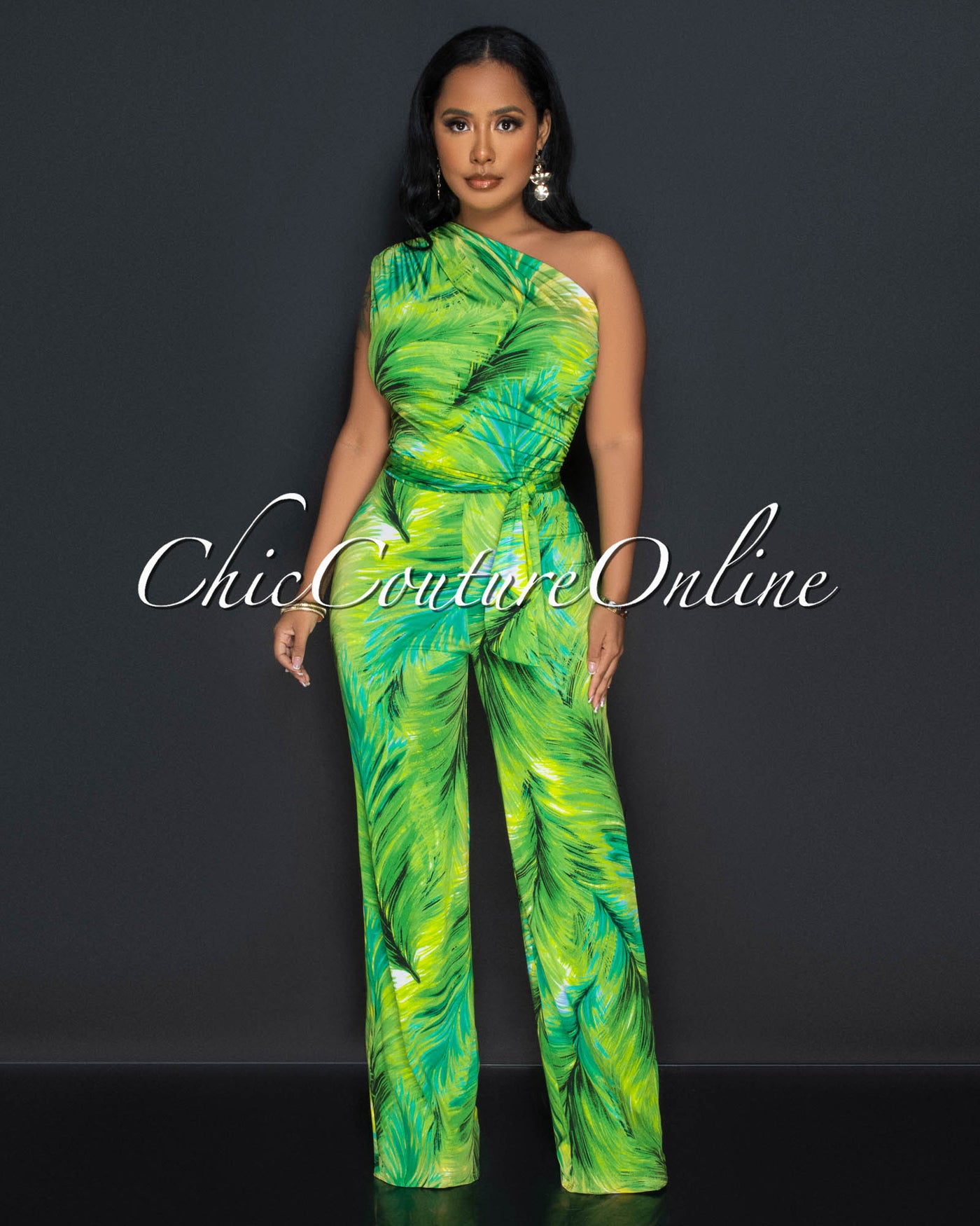 Monique Green Palm Print Single Shoulder Jumpsuit