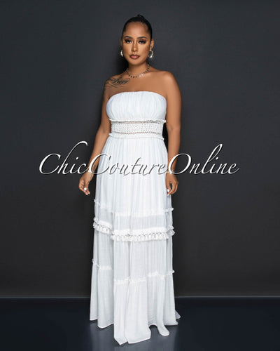 Oliana Off-White Crochet Accent & Tassels Maxi Dress
