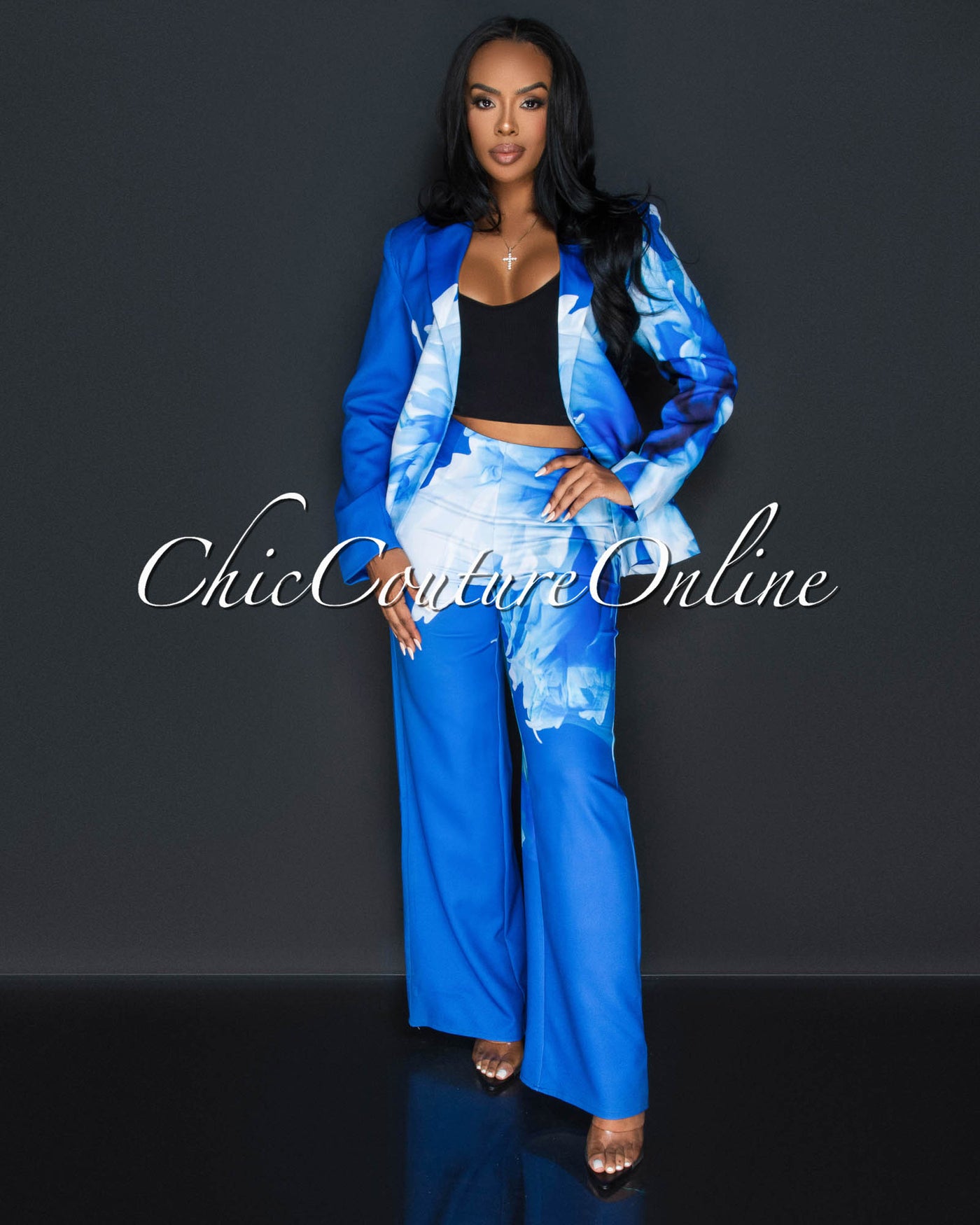 Rena Blue White Floral Print Blazer & Wide Pants Set