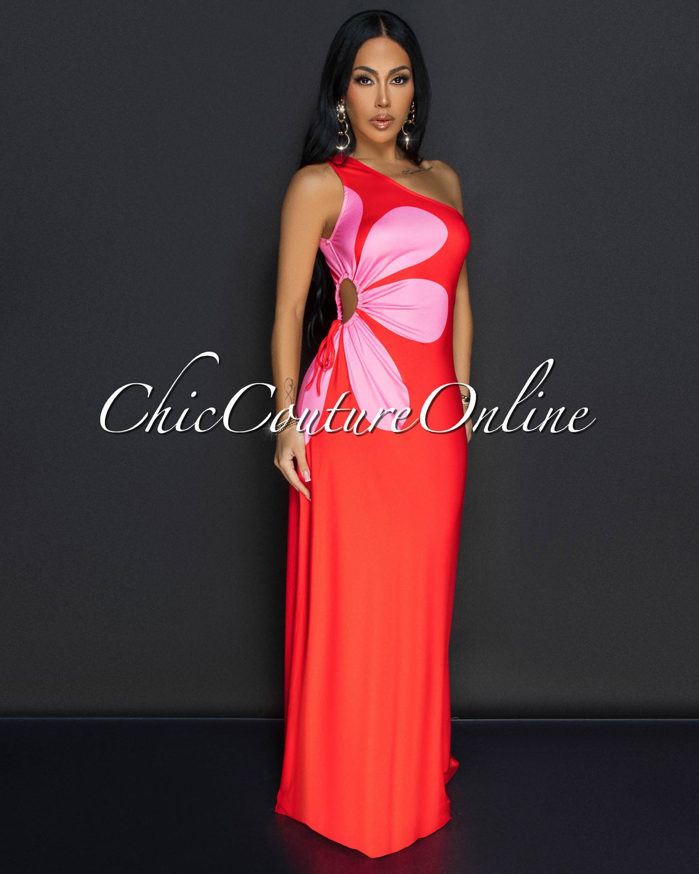 Hanaya Red Pink Single Shoulder Maxi Dress
