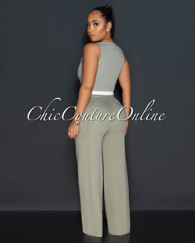 Everly Olive Green White Trim Top & Wide Pants Set