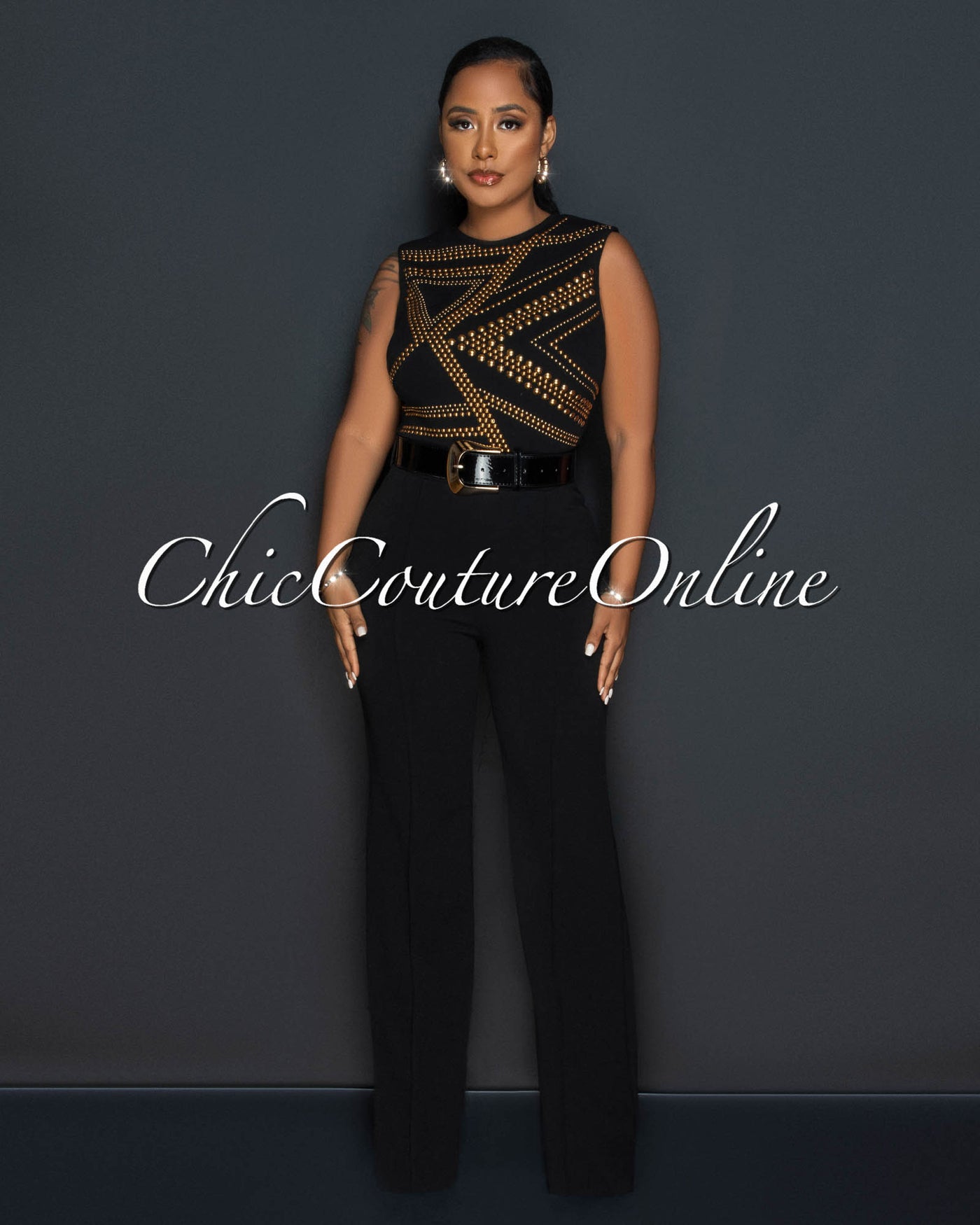 Marlisa Black Gold Studs Gold Buckle Belt Jumpsuit