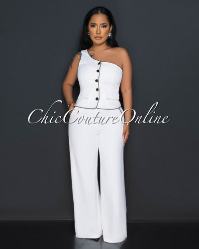 Marcia White Black Trim Single Shoulder Vest & Pants Set
