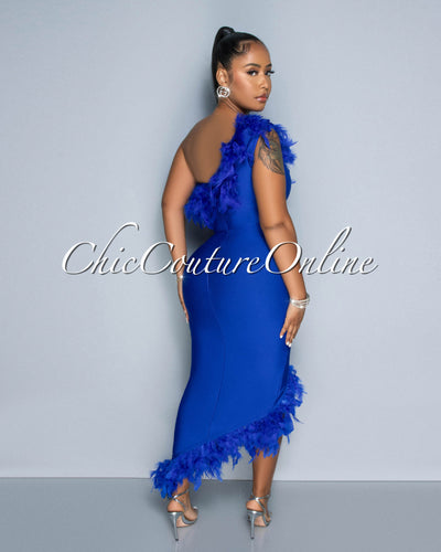 Maverick Royal Blue Feather Accent Bandage Midi Dress