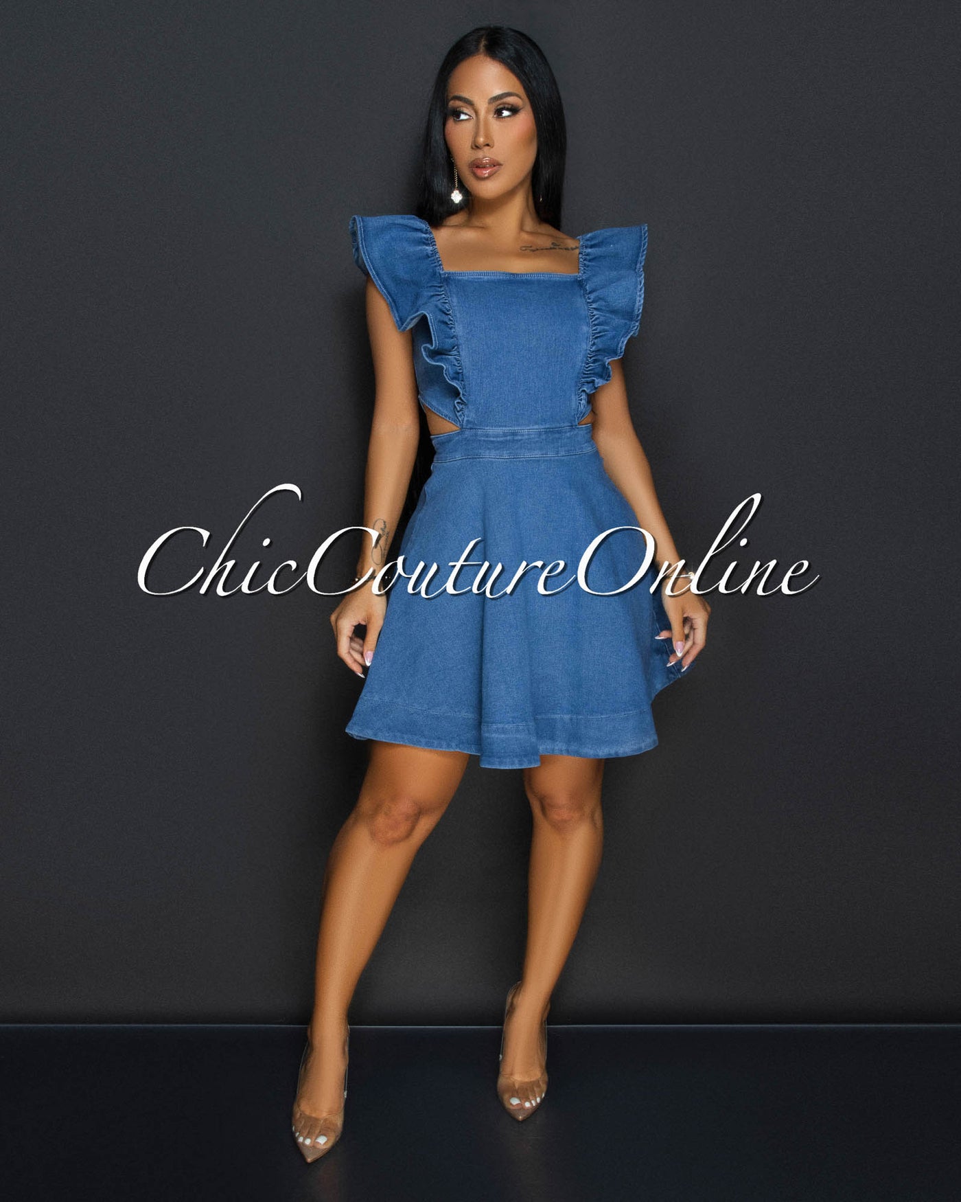 Adelina Blue Denim Cut Out Ruffle Dress