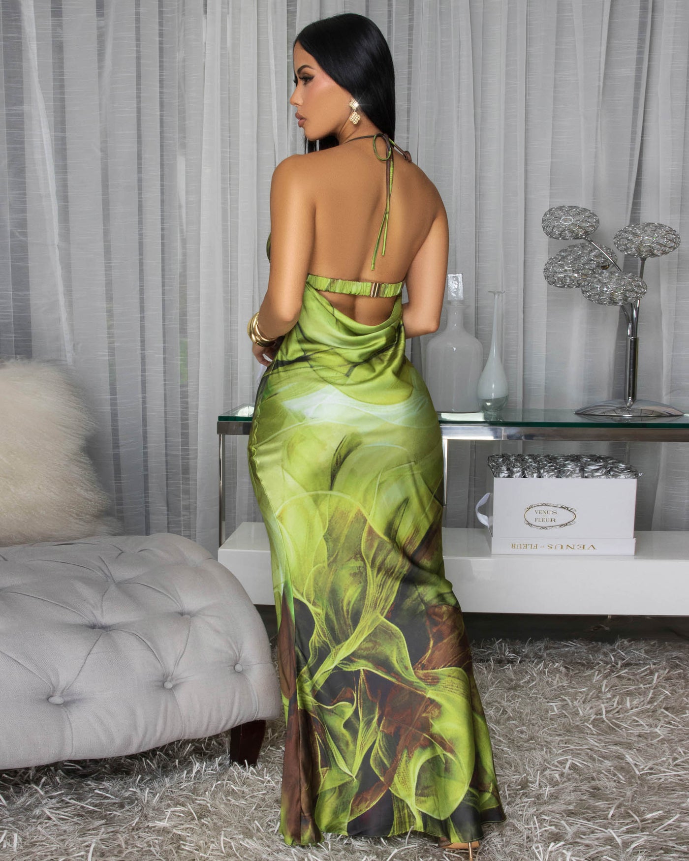 Fiona Olive Multi-Color Draped Halter Maxi Dress