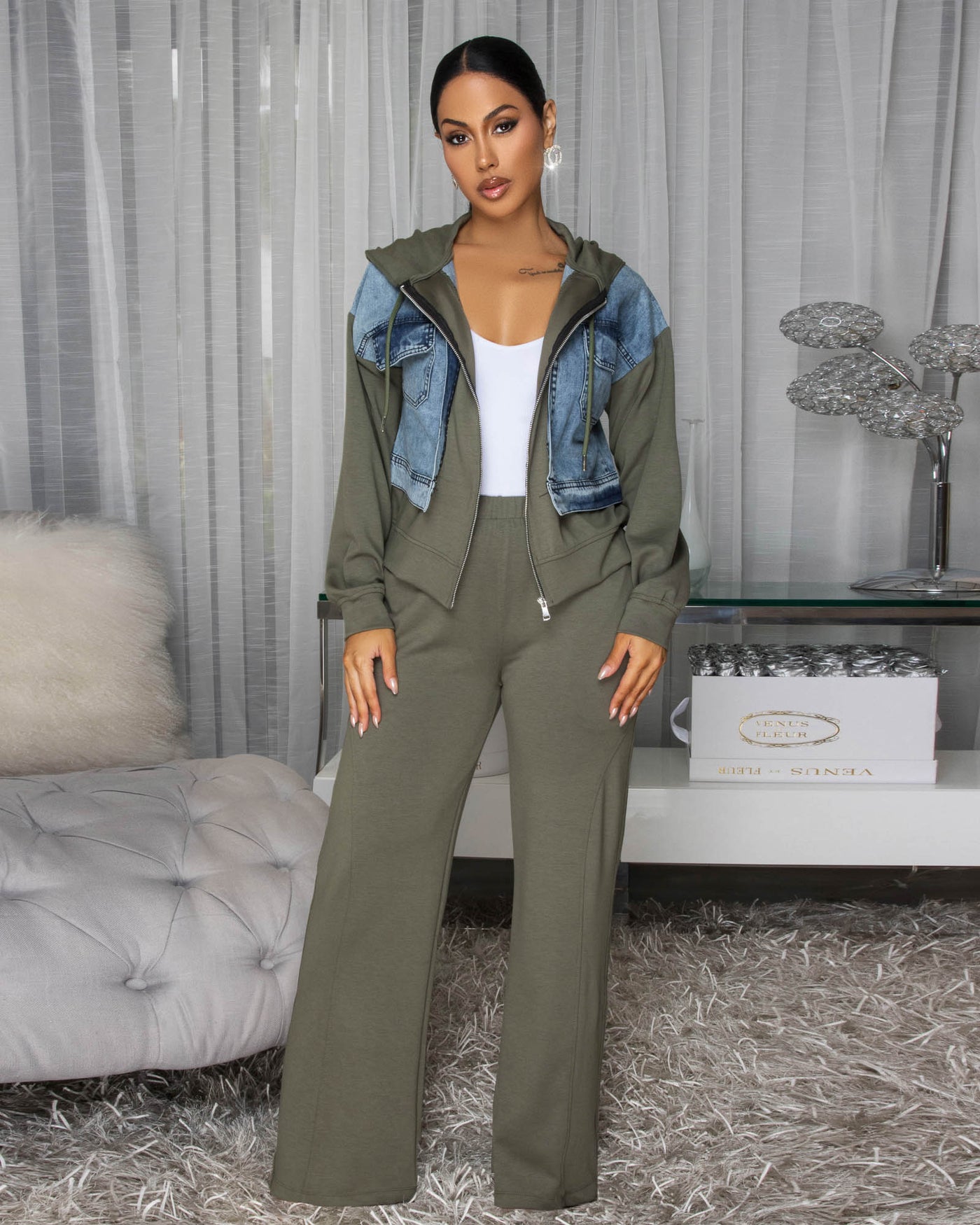 Aeris Denim Olive Green Jacket & Pants Set