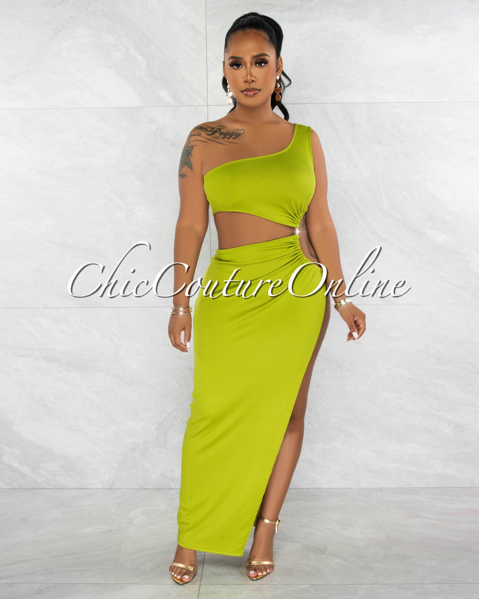 *Greicy Olive Green Cut-Out Side Slit Gold Accent Maxi Dress