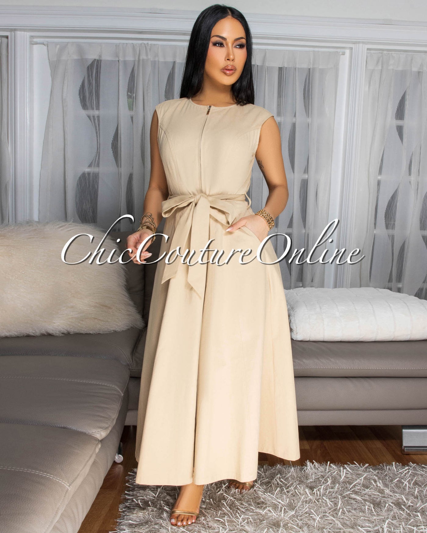 Kamille Nude Front Zipper Maxi Dress