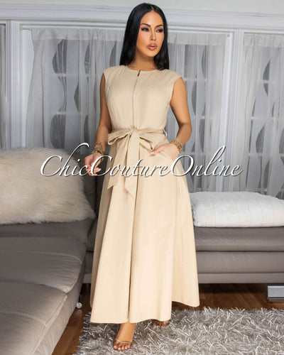 Kamille Nude Front Zipper Maxi Dress