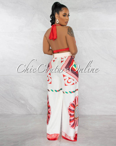 *Vonna Orange Crop Top & Boho Buckle Belt Printed Pants Set