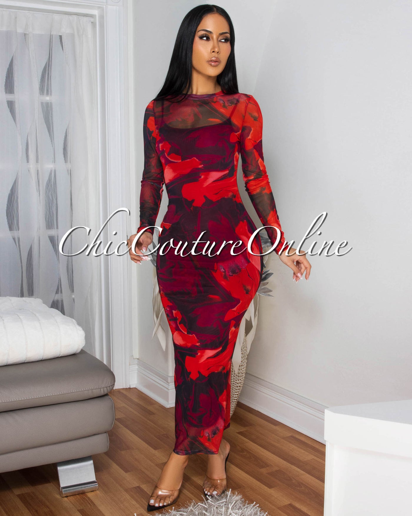 Loula Red Floral Print Mesh Long Sleeves Dress