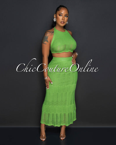 *Burke Green Crop Top & Crochet Cover-Up Maxi Skirt Set