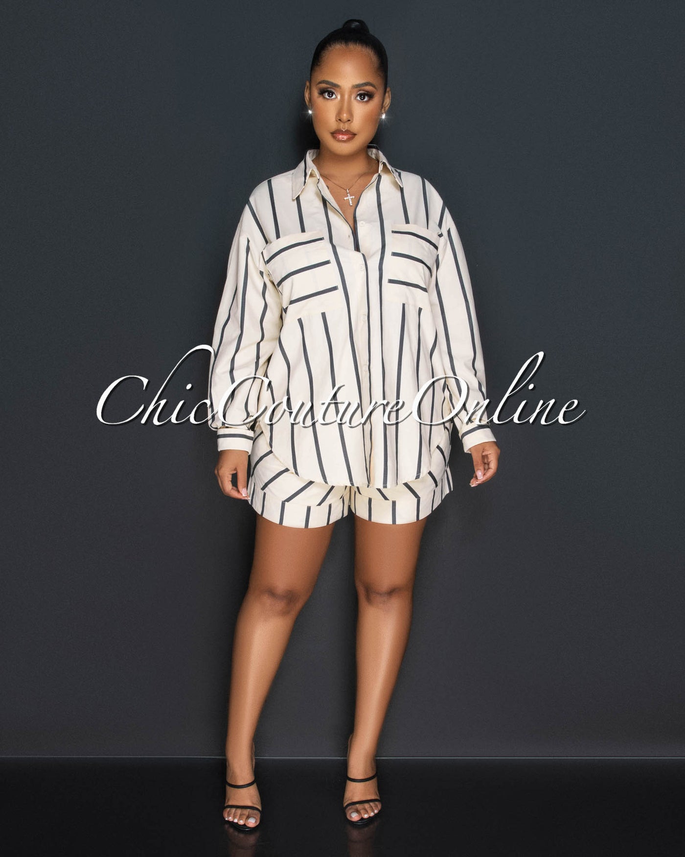 Giona Nude Black Stripes Buttoned Shirt & Shorts Set