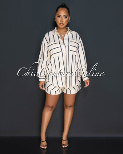 Giona Nude Black Stripes Buttoned Shirt & Shorts Set