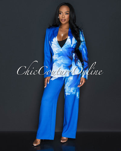 Rena Blue White Floral Print Blazer & Wide Pants Set